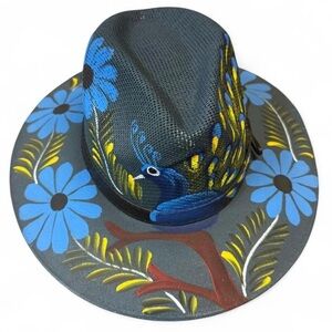 Custom Hand-Painted Peacock Wide Brim Fedora — Made in Oaxaca, Mexico (Medium)
